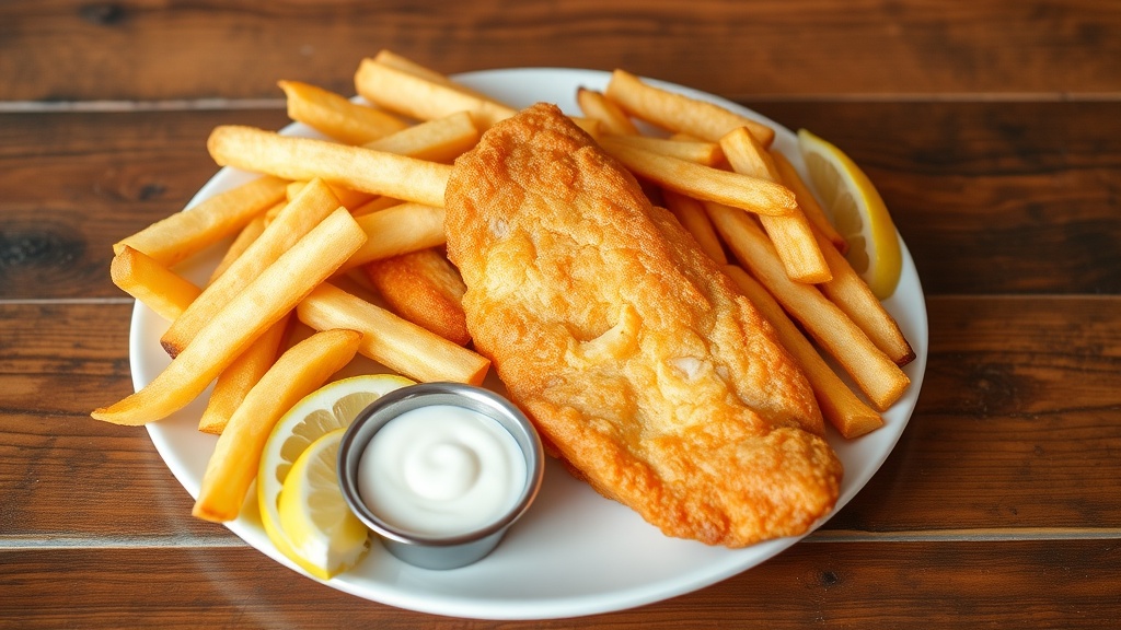 Crispy British Fish and Chips Recipe A classic British dish of Fish and Chips with crispy battered fish and golden fries, garnished with lemon and tartar sauce.